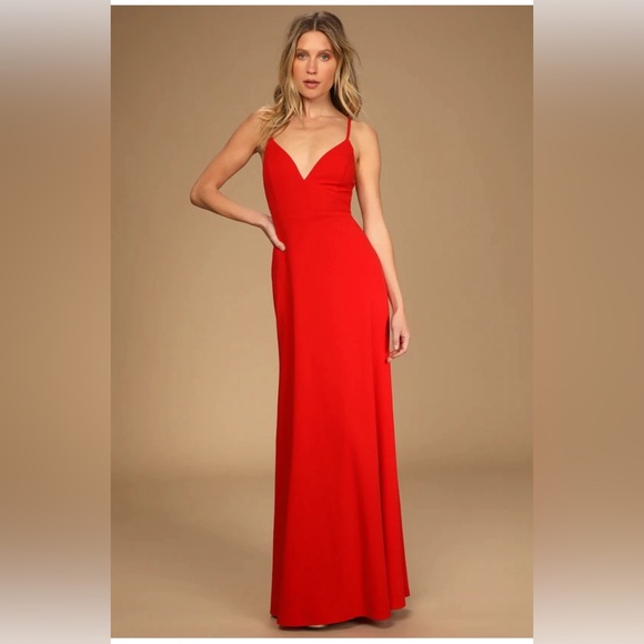Lulu’s Red Lace Up Back Be My Date Deep V Maxi Dress 10 12 Large - Picture 1 of 9